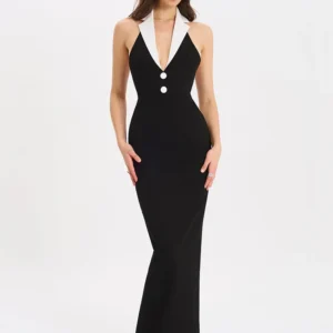 XIAOTANG licou dos nu Sexy robe Maxi pour les femmes robe contraste couleur col cranté sans manches moulante Club fête débardeur robe